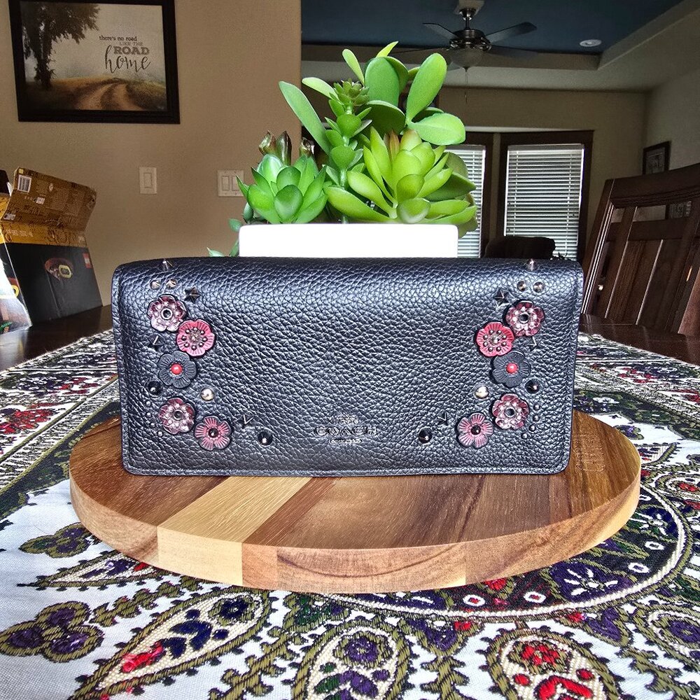 Coach Black Leather Wallet with Flower Applique - NWT